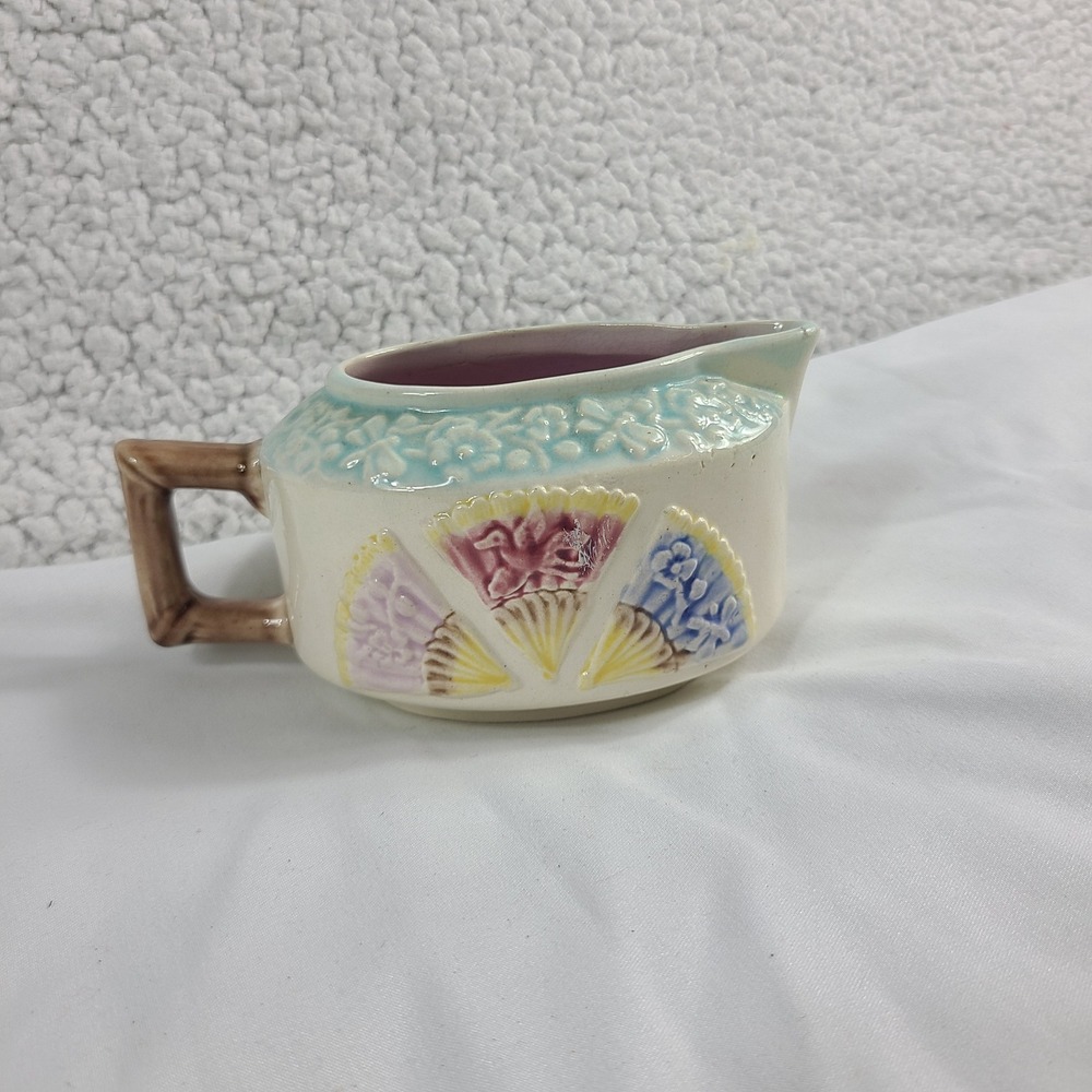 Vintage Ceramic Fan Floral Creamer Pitcher Pastel Faux Bamboo Handle Lavender